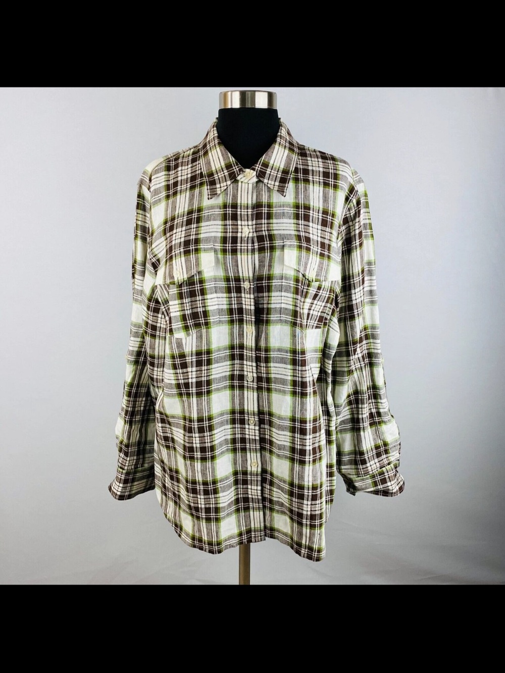 Jones New York 100% Linen Plaid Button-Up Shirt in Olive, Brown & Cream